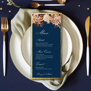 Carte de menu de mariage bleue| Menus bohèmes fleuris| Cartes de menu pour le dîner floral d'automne| Cartes de menu de réception de mariage