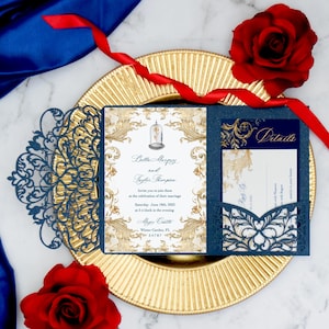 Enchanted Rose Laser Cut Invitation| Navy Blue Laser Cut Invitation| Navy Pocket Invitation| Trifold Invitation