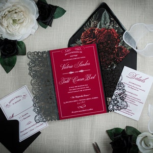 Black And Burgundy Wedding Invitation | Gothic Wedding Invitation| Black Lace Invitation