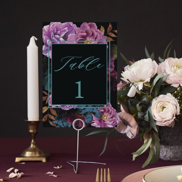 Jewel Tone Floral Table Numbers| Moody Teal Table Number Cards| Purple And Teal Wedding Table Numbers