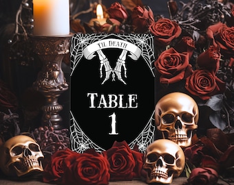 May include: Black table number card with white spiderweb design and skeletal hands. The card reads "Til Death Table 1". The card is surrounded by red roses and skulls.