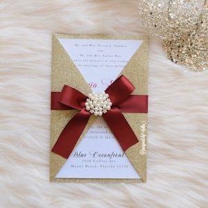 Burgundy And Gold Wedding Invitation | Red and Gold Quinceañera Invitation| Gold Glitter invitation