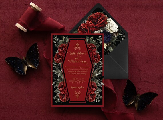 Red Coffin Wedding Invitation | Red Roses Gothic Invitation | Till Death Do Us Part Coffin Invitation