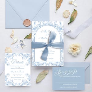Dusty Blue Wedding Invitation | Light Blue Wedding Invitations | French Baroque Invitation With Ribbon