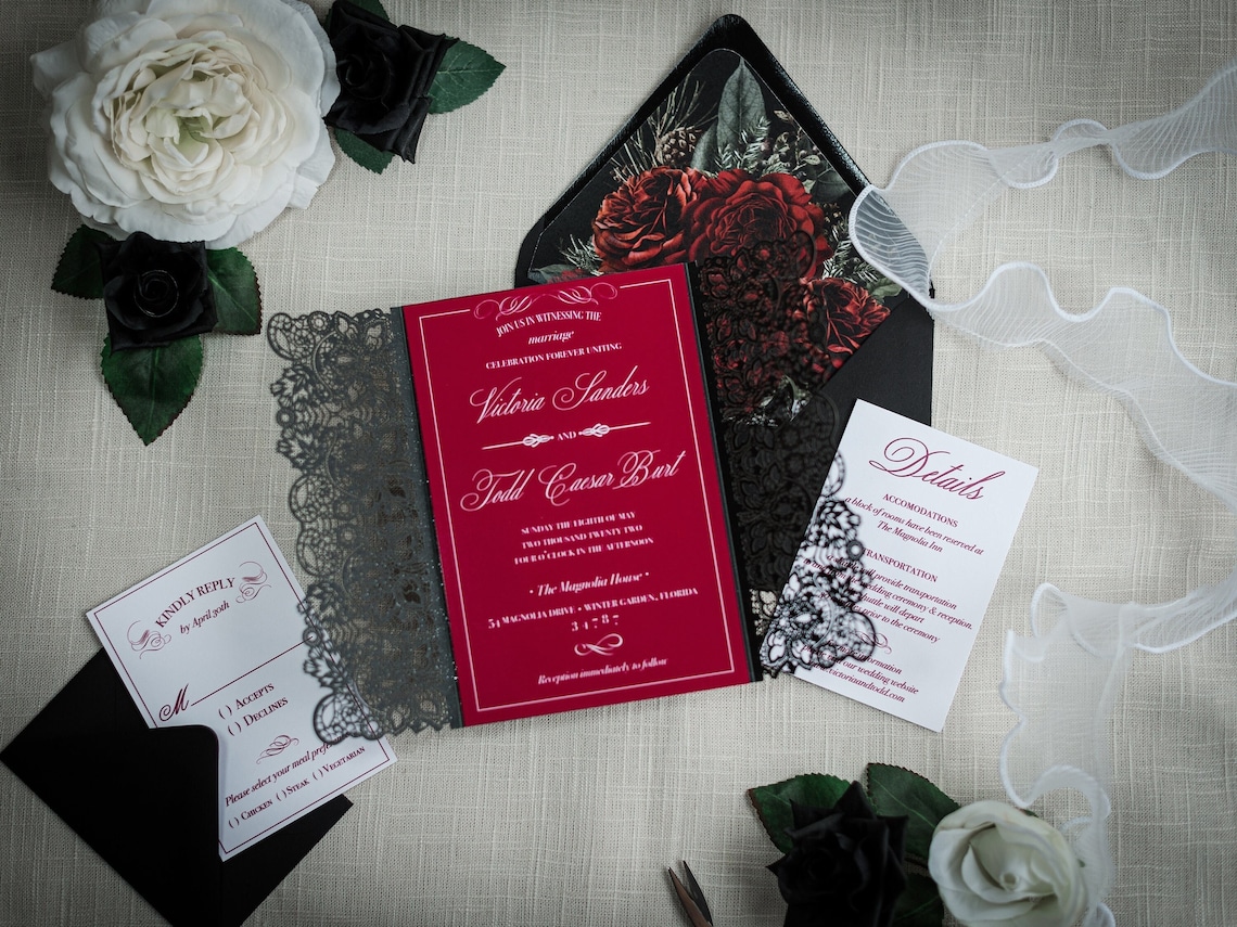 Black And Burgundy Wedding Invitation Gothic Wedding image 1