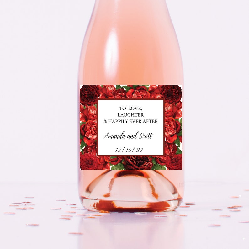 Red Roses Mini Wine Bottle Labels Floral Bridal Shower Favor Etsy