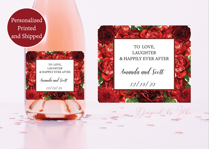 Red Roses Mini Wine Bottle Labels Floral Bridal Shower Favor Etsy