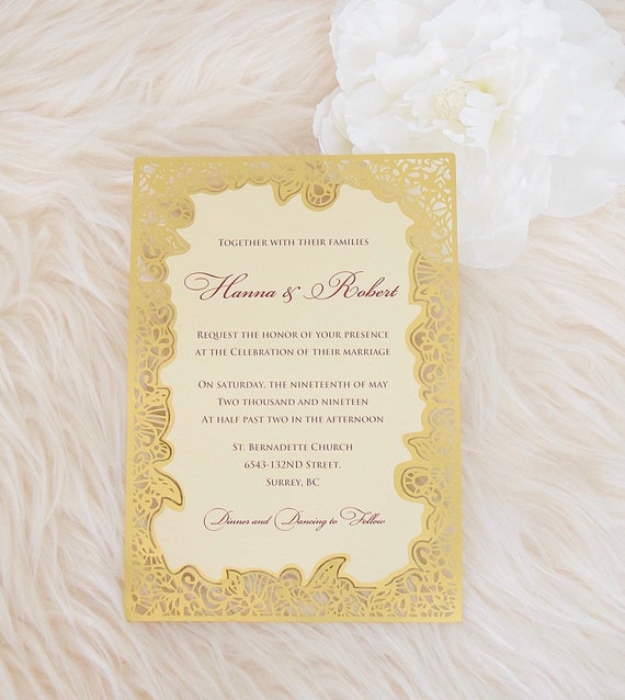 Gold Foil Laser Cut Wedding Invitation Gold And Red Etsy