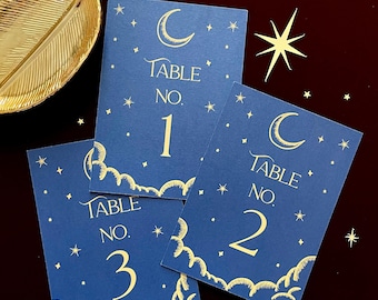 Celestial wedding table numbers for a starry night wedding