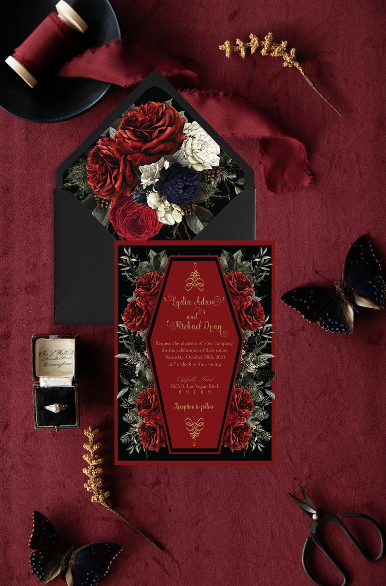 Red Coffin Wedding Invitation | Red Roses Gothic Invitation | Till Death Do Us Part Coffin Invitation image 4