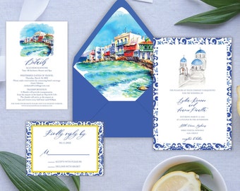 Greece Wedding Invitation | Mykonos Watercolor Invitation | Santorini Wedding Invitation| Greek Destination Invitation