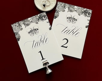 Skull wedding table numbers for a gothic wedding reception