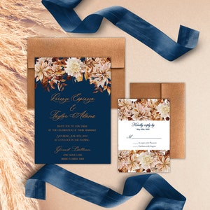 Navy Blue And Copper Invitation| Rust Orange Wedding Invitation| Autumn Floral Invitation| Boho Floral Invitation