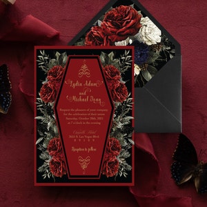 Red Coffin Wedding Invitation | Red Roses Gothic Invitation | Till Death Do Us Part Coffin Invitation image 3