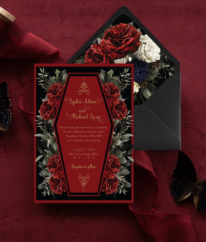 Red Coffin Wedding Invitation | Red Roses Gothic Invitation | Till Death Do Us Part Coffin Invitation image 3
