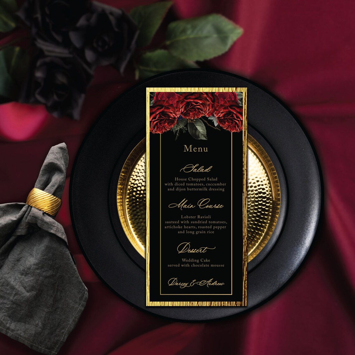 Red Roses Menu Card| Moody Floral Wedding Menu Cards| Wedding Reception ...
