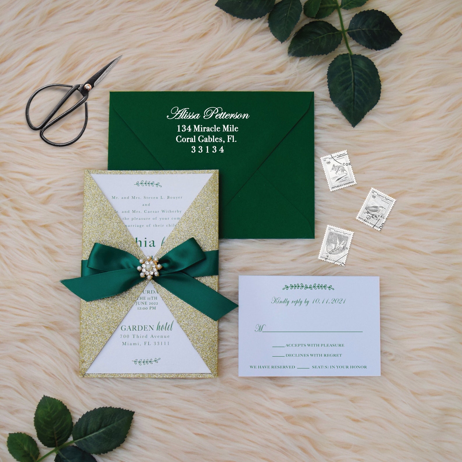 Emerald Green Wedding Invitation Gold Glitter and Forest Etsy