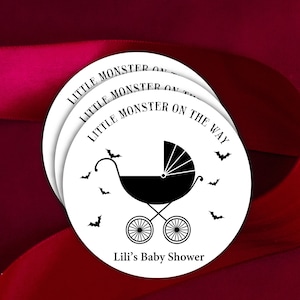 Halloween Baby Shower Favor Stickers| Little Monster On The Way Labels| Gothic Baby Shower Favor Stickers