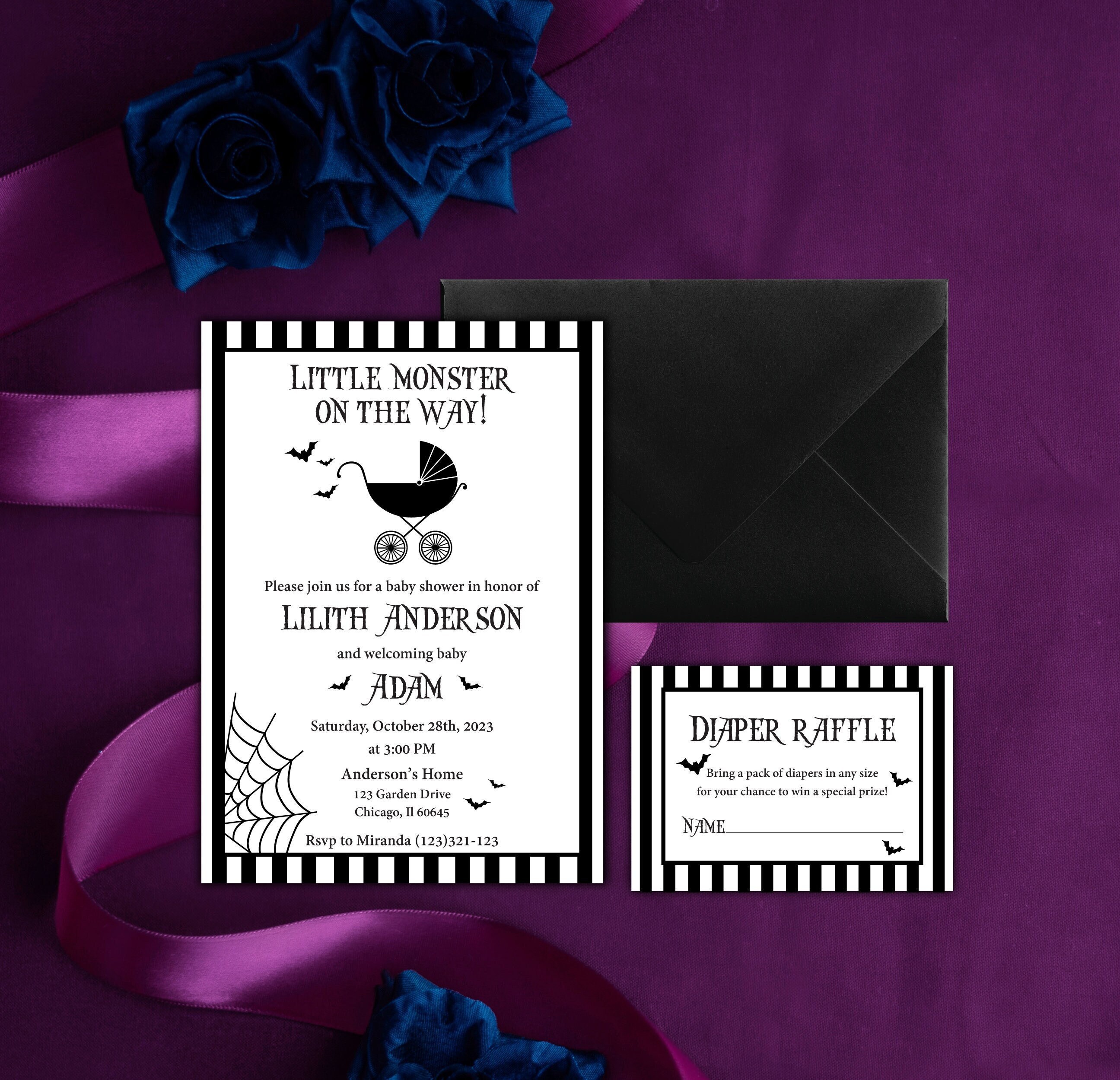 Halloween Baby Shower Invitation Little Monster On The Way Invitation Black Baby Carriage Invitation Spooky Pram Invitation
