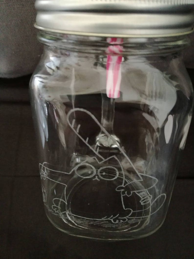 Mason Jar de 450 ml avec anse et paille Gravure du célèbre chat affamé assoifé image 2