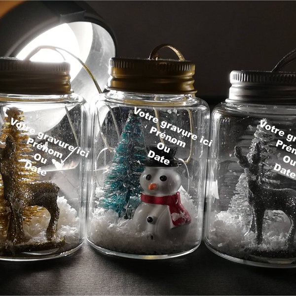 Sujets de Noël à suspendre de 7 cm (bocaux en verre) - Gravure personnalisable avec prénom ou date
