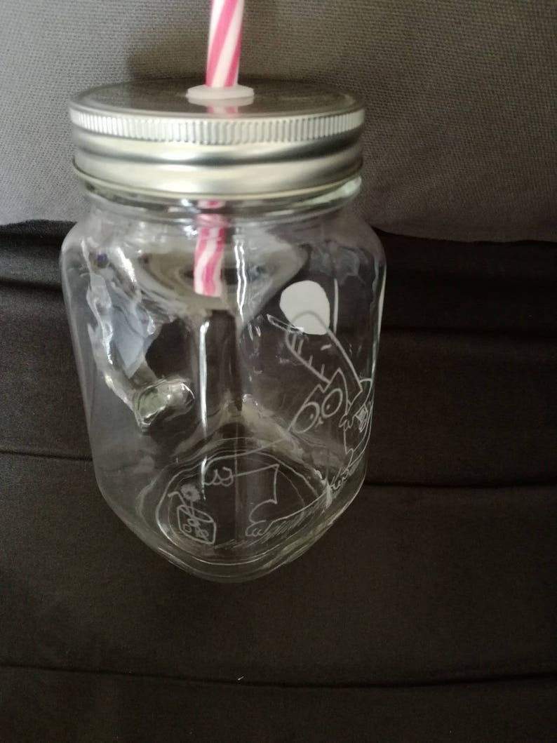 Mason Jar de 450 ml avec anse et paille Gravure du célèbre chat affamé assoifé image 4