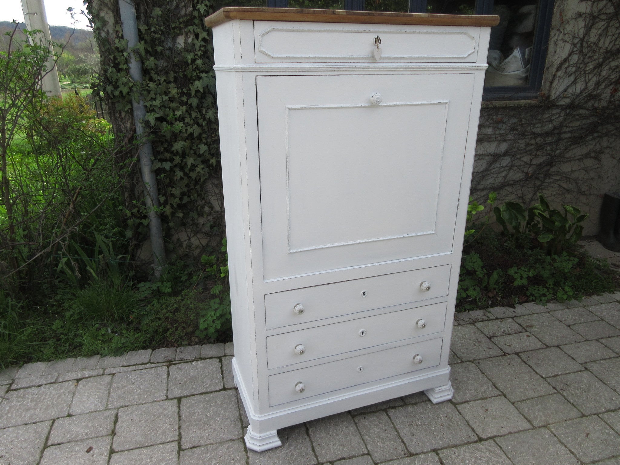 Secrétaire Droit Peint Blanc Patinéavec Tiroirs