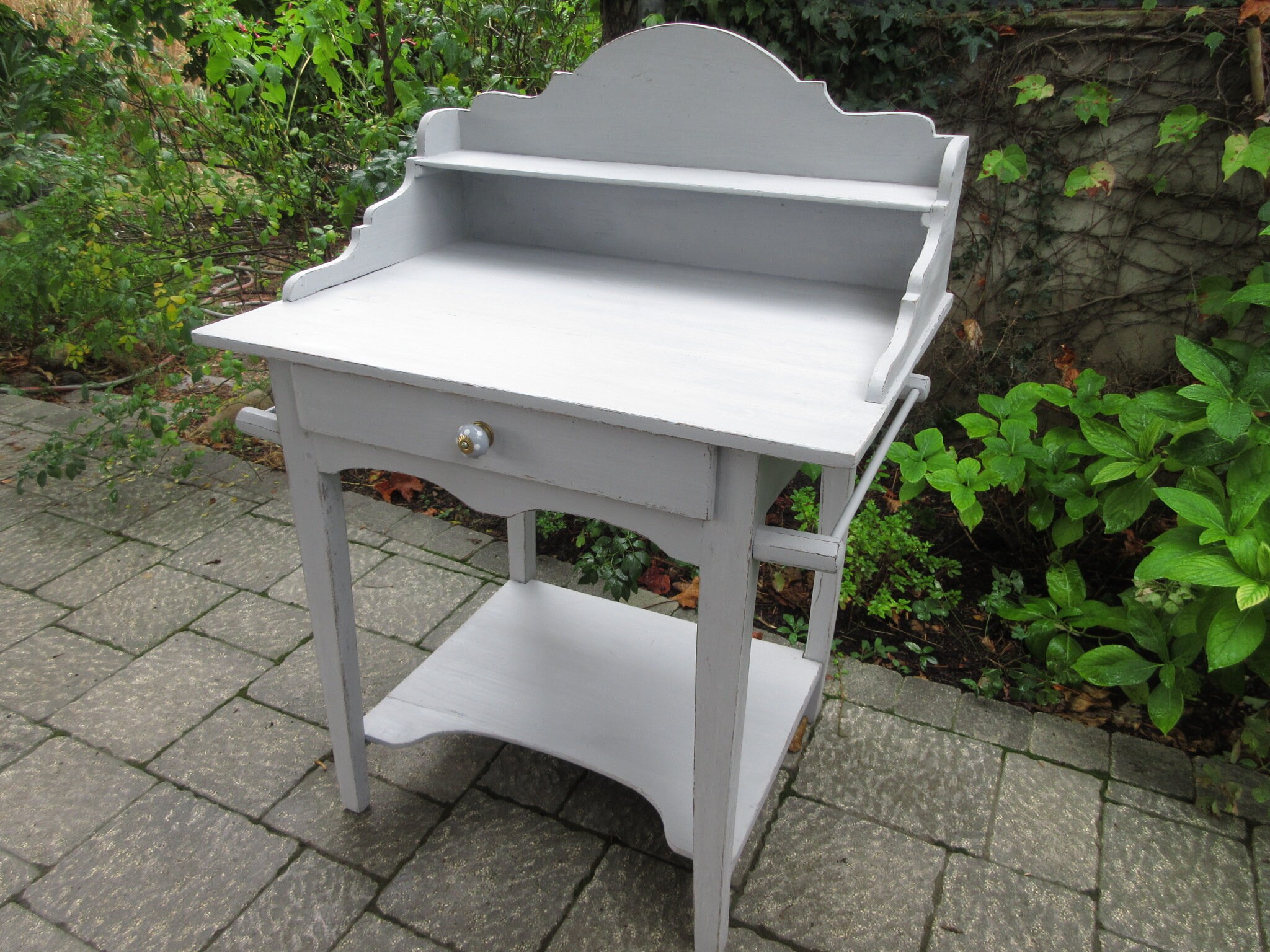 Coiffeuse en Bois Peint Gris Clair Patiné