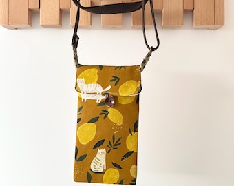 Japanese Floral Cat Phone Crossbody Bag: Handmade Cotton Linen