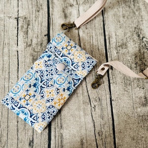 Handmade Japanese Fabric Phone Bag: Vintage Tile Crossbody