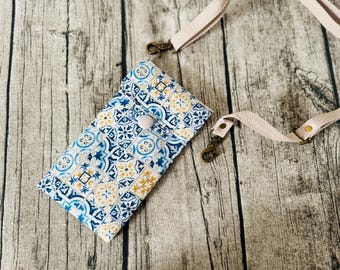 Handmade Japanese Fabric Phone Bag: Vintage Tile Crossbody