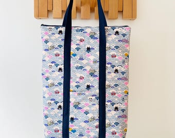 Japanese Print Cat Backpack: Convertible Tote Bag with Embroidery Option