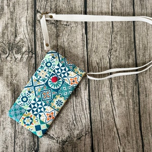 Custodia per telefono con tracolla regolabile, motivo piastrelle colorate vintage giapponesi, borsa a tracolla, borsa a tracolla, regalo personalizzato con ricamo del nome