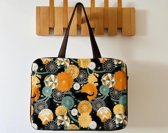 Japanese Print Laptop Bag: Handmade Cotton Linen Crossbody