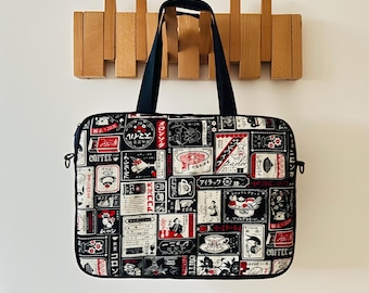Japanese Print Laptop Bag: Handmade Cotton Linen Crossbody