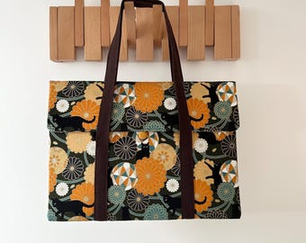 Japanese Floral Cat Laptop Sleeve with Strap, Padded Protection