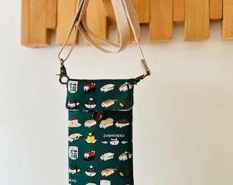 Handmade Japanese Sushi Cat Phone Crossbody Bag: Green Cotton Linen