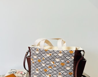 Japanese Cat Shoulder Bag: Brown Wave Print Crossbody Handbag