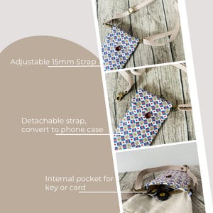 May include: A small, blue and white patterned phone case with a detachable strap. The strap is adjustable and has a 15mm width. The case has an internal pocket for a key or card.