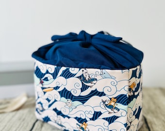 Japanese Cat Print Lunch Bag: Handmade Cotton Canvas Bento Bag