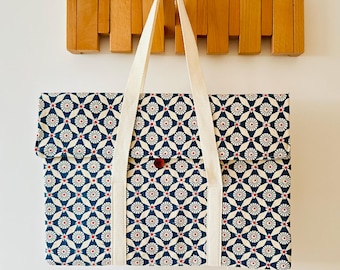 Japanese Vintage Laptop Bag: Blue Red Floral Print, Monogram Option