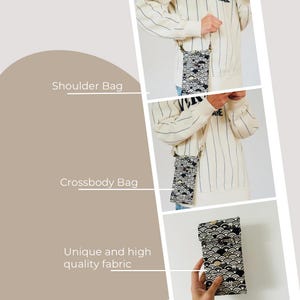 May include: A black and white patterned shoulder bag with a long strap. The bag is made of a unique and high-quality fabric. The bag can be worn as a crossbody bag or a shoulder bag.
