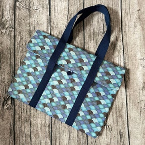May include: A blue tote bag featuring a repeating wave pattern in shades of blue, teal, and brown. It has navy blue handles and a flap closure with a button. The bag is made of fabric.