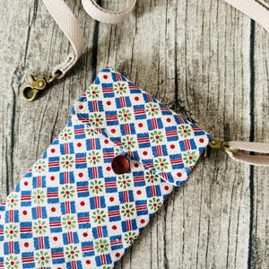 Japanese Vintage Fabric Phone Crossbody Bag with Adjustable Strap Blue Green Dot