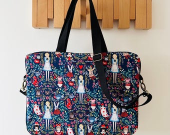 Japanese Cat Print Laptop Bag: Handmade Cotton Canvas Crossbody