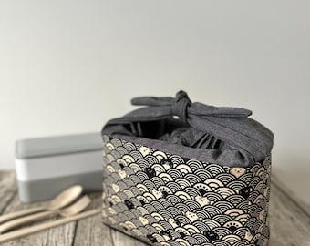 Japanese Cat Print Lunch Bag: Handmade Cotton Canvas Bento Bag