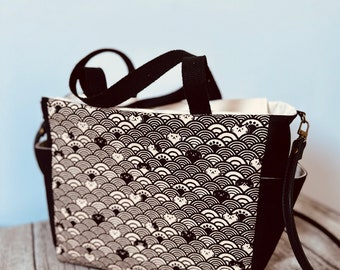 Japanese cat print shoulder crossbody bag, Handbag with pockets and adjustable strap, Personalised gift for cat lovers