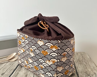Japanese Cat Print Lunch Bag: Handmade Cotton Canvas Bento Bag