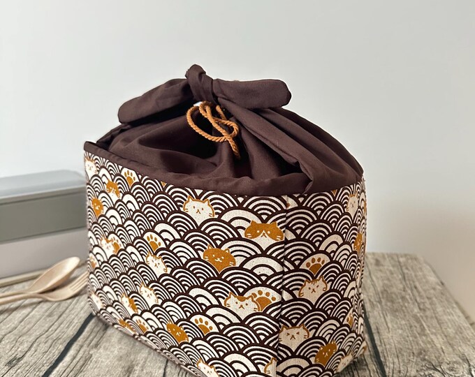 Japanese Cat Print Lunch Bag: Handmade Cotton Canvas Bento Bag