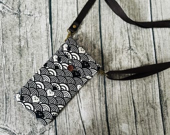 Japanese Wave Black Cat Crossbody Bag: Handmade Cotton Linen Phone Purse
